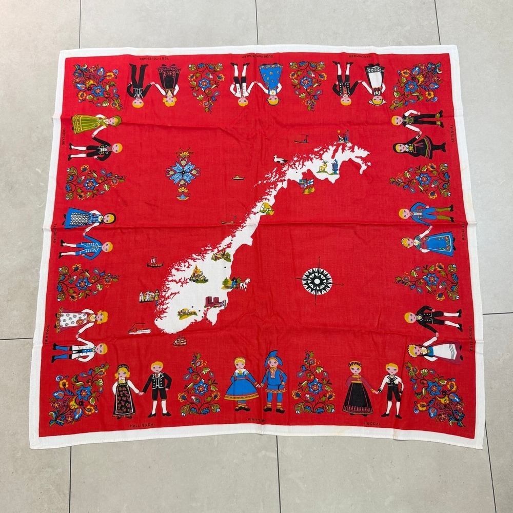 Vintage Vintage MCM Norway 24" Table Cloth Norwegian Folk Art Bunad Map Scandi